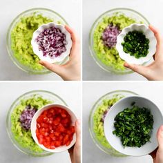 four pictures showing how to make guacamole with red onions and green beans