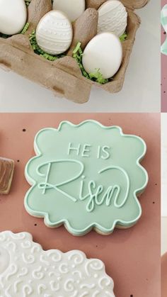 easter cookies and decorated eggs are shown in four different photos, including one with the word he is risen