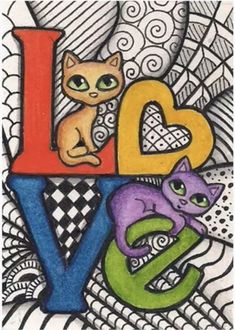 a drawing of two cats sitting on top of the word love