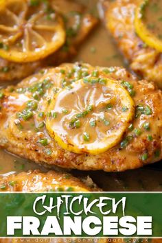 chicken with sauce and lemon slices on top