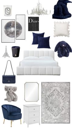 blue and white bedroom mood board with items from the collection, chandelier, mirror, bed, chair, rug, lamp