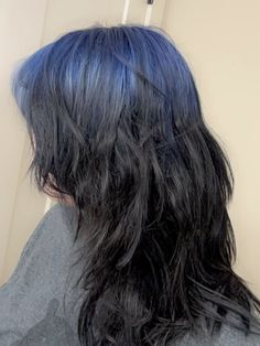 Hair Dye Ideas With Black Hair, Dark Blue Roots Black Hair, Blue Ghost Roots Black Hair, Blue Hair Black Tips, Grown Out Hair Dye, Purple And Red Hair Ideas, Blue Hair Faded, Blue Roots Hair, Black Roots Blue Hair