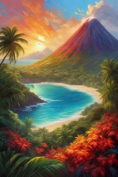 a painting of a tropical landscape with a mountain in the background