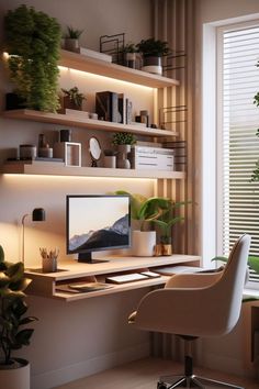 a desk with a computer and plants on it