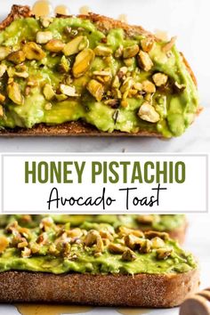 an avocado toast with nuts on top and the words honey pistachio above it