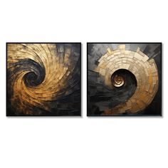 two paintings with gold and black designs on the sides, one has a spiral design