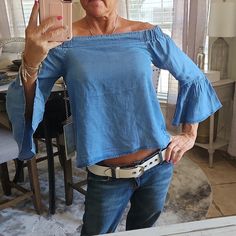 Nwt 100% Tencel Very Flowy Bell Sleeves Soft No Smoking Blue Non-stretch Top For Beach, Denim Blue Tops For Spring Vacation, Denim Blue Tops For Vacation In Spring, Blue Blouse For Beach, Denim Blue Summer Tops For Brunch, Denim Blue Tops For Summer Brunch, Bell Sleeves, Color Blue, Womens Tops