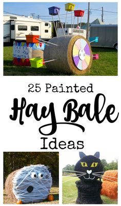 an assortment of painted hay bale crafts with text overlay