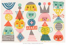 an art print with many different faces and shapes