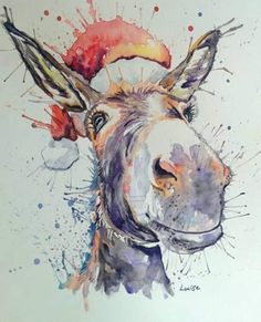 a painting of a donkey's head with watercolor splotches on it