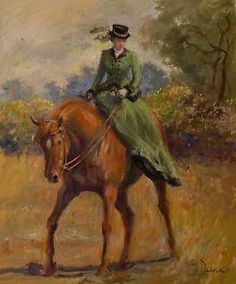 a painting of a woman riding on the back of a brown horse in a field