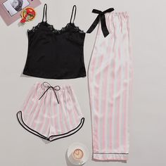 Satin Stripe Comfortable Loose Pyjamas Set - ForVanity sleepwear Striped Pajamas, Loungewear Summer, Satin Nightwear, Pajama Suit, Striped Pyjamas, Striped Sleeve, Todays Outfit, Pajama Set Women, Satin Material