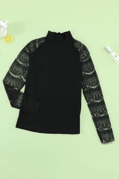 Black High Neck Lace Crochet Long Sleeve Top Black Lace Trim Tops For Winter, Black Lace Trim Top For Winter, Crochet Long Sleeve Top, Crochet Long Sleeve Tops, Tops Long Sleeve, Stretchy Tops, High Neck Long Sleeve, Lace Crochet, Black Crochet