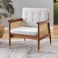 a chair sitting on top of a rug next to a plant