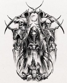 a black and white drawing of skeletons with long horns on their heads, surrounded by skulls