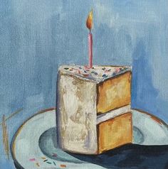 a painting of a piece of cake on a plate with a candle sticking out of it