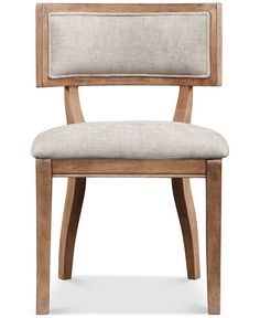 a wooden chair with a beige upholstered seat and back cushion on an isolated white background