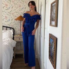 New With Tags, Worn Once For Content, Bright Royal Blue, I’m 5.5 And It Hits My Ankles Blue Ruffled Jumpsuits And Rompers For Summer, Elegant Ruffled Blue Bottoms, Elegant Blue Ruffled Bottoms, Chic Blue Jumpsuits And Rompers For Spring, Elegant Blue Jumpsuits And Rompers With Ruffles, Summer Strapless Jumpsuit With Ruffles For Night Out, Chic Strapless Jumpsuit With Ruffles For Spring, Chic Blue Jumpsuits And Rompers For Evening, Blue Jumpsuits And Rompers For Summer Parties