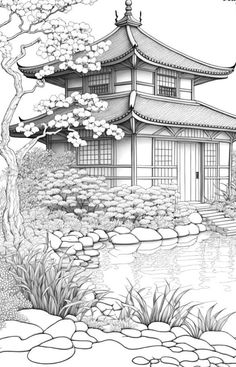 an ink drawing of a japanese house by the water with rocks and trees around it