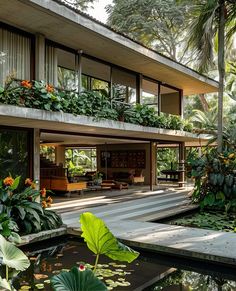 the house is surrounded by greenery and tropical trees, with plants growing on the roof