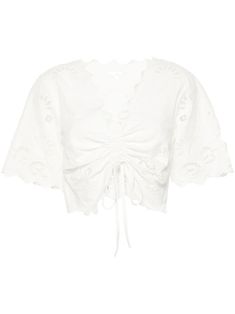 white cotton broderie anglaise sheer panels scallop edge ruched detailing plunging U-neck front tie fastening short sleeves asymmetric hem cropped Summer Cropped Top With Broderie Anglaise, Cropped Broderie Anglaise Top For Summer, Broderie Anglaise Cropped Top For Summer, White Short Sleeve Crop Top With Lace Trim, White Lace Trim Short Sleeve Crop Top, Summer Short Sleeve Tops With Broderie Anglaise, Summer Short Sleeve Crop Top With Lace Trim, Butterfly Blouse, Social Butterfly