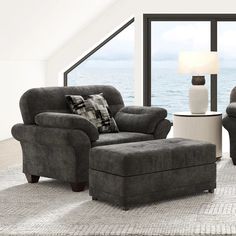 a living room scene with focus on the chair and ottoman