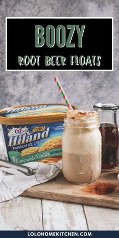 boozy root beer floats in a mason jar and ice cream