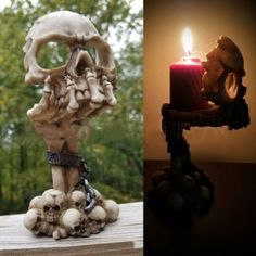 there are two different pictures one has a candle and the other has skulls on it