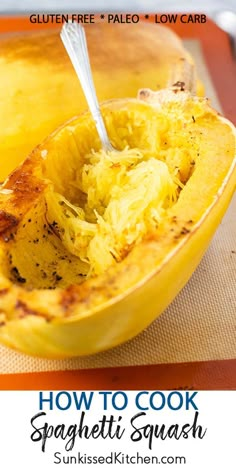 how to cook spaghetti squash in a slow cooker with text overlay that reads, how to cook spaghetti squash