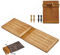 a wooden case with screws and other tools in it next to a leather pouch