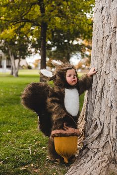 a small child dressed as a bear climbing up the side of a tree