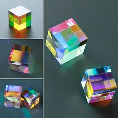 four different colored cubes are shown on the table, and one has been made out of