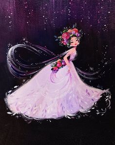 a painting of a woman in a white dress with flowers on her head and purple background