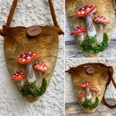 three different pictures of mushrooms in a purse