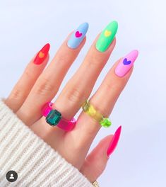 Colors Nails Ideas, Bright Almond Nails, Fluorescent Nails, Different Color Nails, Summer Nails Colors Designs, Colors Nails, August Nails, Floral Nail Designs, Striped Nails