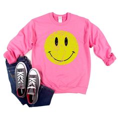 Looking for a cute sweatshirt for your kids? We have the perfect Distressed Smiley Face graphic sweatshirt addition to their closet! Also available in toddler sweatshirts. Cute Yellow Sweatshirt For Fall, Yellow Casual Sweatshirt With Cartoon Print, Fun Cotton Sweater With Graphic Print, Fun Cartoon Print Sweatshirt, Cute Yellow Crew Neck Sweatshirt, Playful Cotton Sweatshirt With Graphic Print, Playful Crew Neck Hoodie For Fall, Fun Winter Sweatshirt With Letter Print, Playful Long Sleeve Graphic Sweatshirt