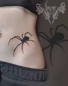 a woman's stomach with a black spider tattoo on her belly and an image of a skull in the background