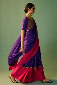 Blue and pink habutai silk saree with dori, marori and zardosi hand embroidery. - Aza Fashions Purple Art Silk Pre-draped Saree For Navratri, Anarkali Pre-draped Saree With Gota Work In Cotton Silk, Bollywood Style Purple Raw Silk Pre-draped Saree, Purple Katan Silk Pre-draped Saree With Cutdana, Unstitched Purple Pre-draped Saree With Dori Work, Traditional Purple Cotton Silk Pre-draped Saree, Purple Raw Silk Pre-draped Saree With Cutdana, Purple Saree With Gota Work In Traditional Drape, Purple Saree With Gota Work