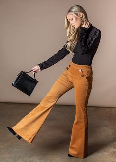 Corduroy Bell Bottom Pants Outfit, Mustard Corduroy Pants Outfits, Courdory Flare Pants Outfits, Burnt Orange Corduroy Pants Outfit, Medium Size Women Outfits, Corduroy Bell Bottoms Outfit, Corduroy Flare Pants Outfit, Corduroy Outfits, Corduroy Pants Outfit