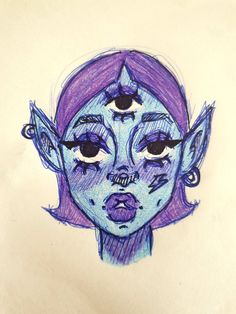 a drawing of a girl with purple hair and blue eyes