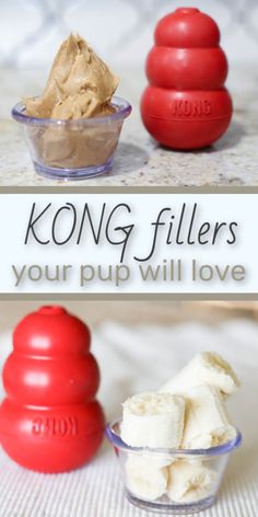 two bowls filled with food and the words kong fillers your pup will love them