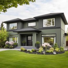 a large gray house with lots of windows and bushes in front of the entrance to it