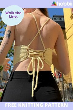 the back of a woman's top that is tied up and has an ad for knitting