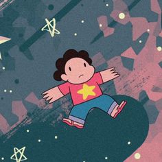 an illustration of a boy flying through the air with his arms out and stars in the background