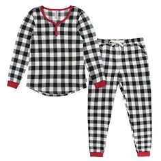 Now your whole family can match with holiday pajamas! Super soft pajamas for mom are just the thing for sleeping or staying comfy around the house. The classic black and white checker pattern features red trim for a splash of holiday color. Tapered pant legs and a comfort-stretch waist with drawstring keep mom cozy and warm all season. The partial button-down top matches the pants to complete the look. These Christmas pajamas are just what the season calls for! This is part of a matching family Black Relaxed Fit Sets For Sleepover, Black Winter Sleepwear For Lounging, Cozy Black Sleepwear For Lounging, Matching Winter Sleepwear For Loungewear, Winter Matching Sleepwear For Loungewear, Black Cotton Sleepwear For Winter, Cozy Black Sleepwear For Loungewear, Black Cozy Sleepwear For Loungewear, Black Cozy Sleepwear Loungewear