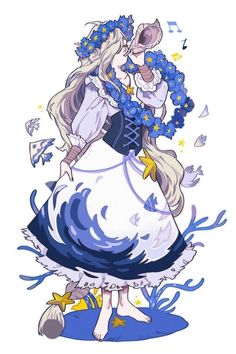 an anime character with long blonde hair and blue flowers on her dress, standing in front of