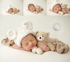 a baby sleeping with a teddy bear in it's arms and wearing a knitted hat