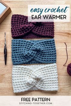 three crocheted headbands with text overlay that says easy crochet ear warmer