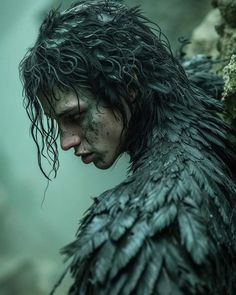 a close up of a person with wet hair and black feathers on his face, looking down at the ground