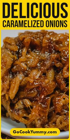 delicious caramelized onions on a white plate with the words delicious delicious caramelized onions